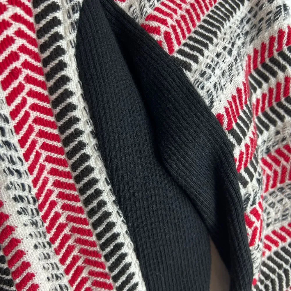 CHICOS Red‎ Black Asymmetrical Full Zip Textured Bold Moto Sofia Cardigan Size 2